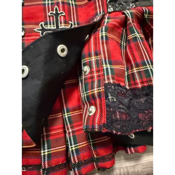 Vtg Foreplay Red Plaid Skirt & Top Set  Black Lace Cross Accents M/L Punk grunge - Picture 9 of 13